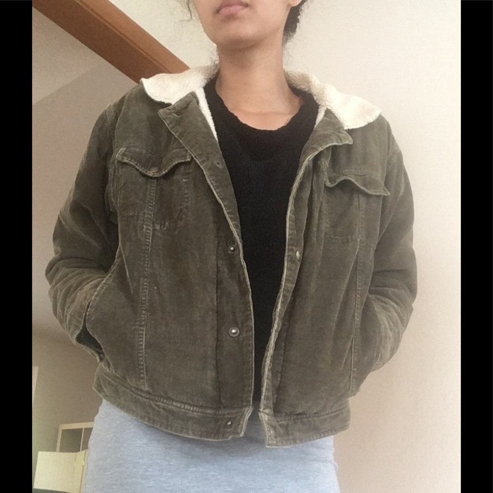 LL Bean green corduroy Sherpa-lined jacket